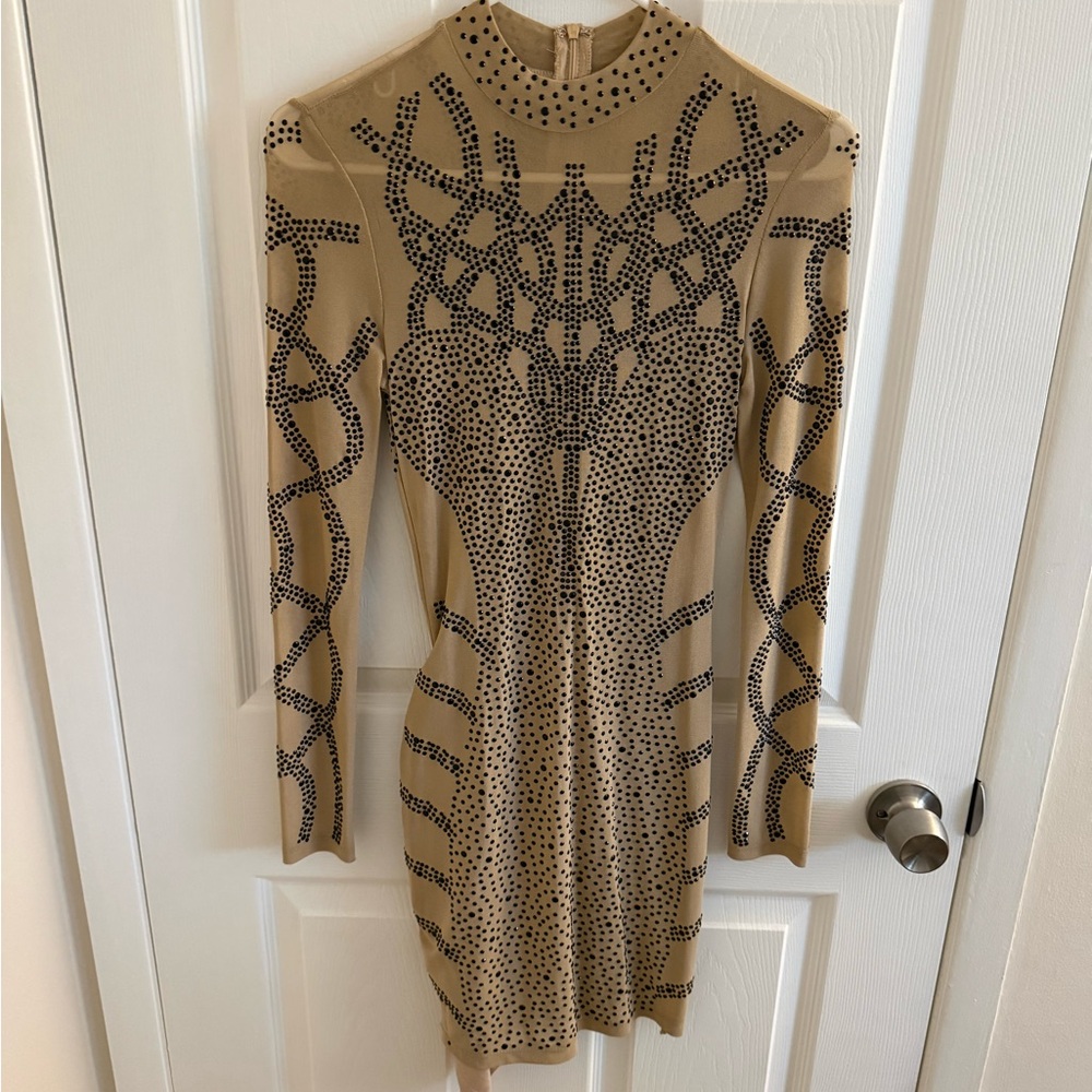 Elegant Tan and Black Patterned Dress